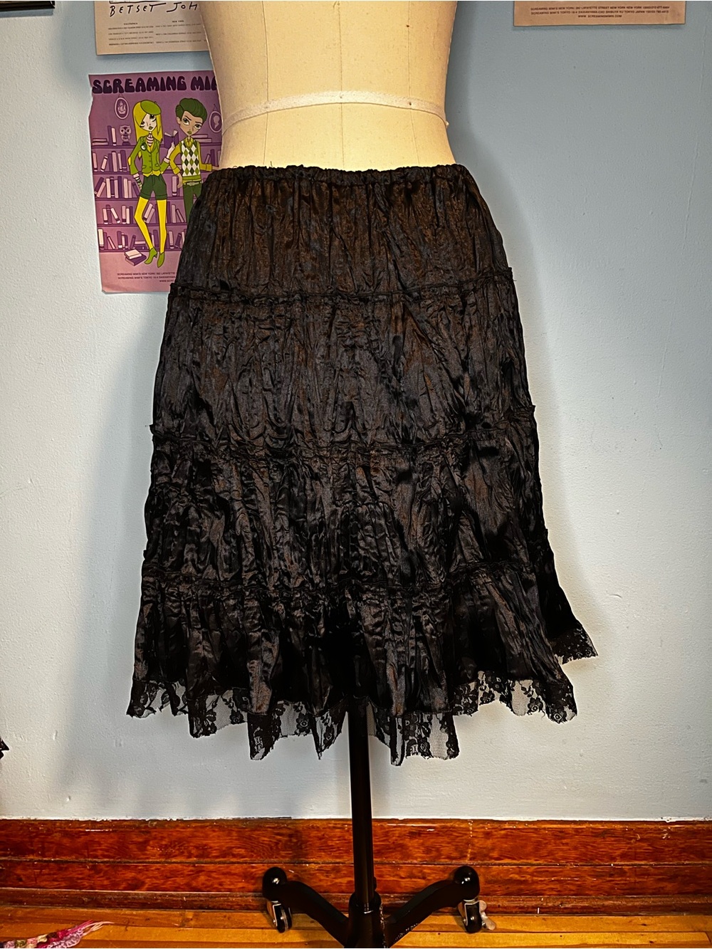 Crinkle Satin Lace Black Slip Skirt Whimsigoth